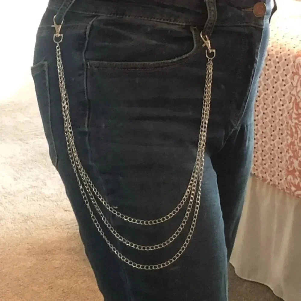 Triple Chain Link Silver Tone Hip Jeans Pant Belt Loop Chain